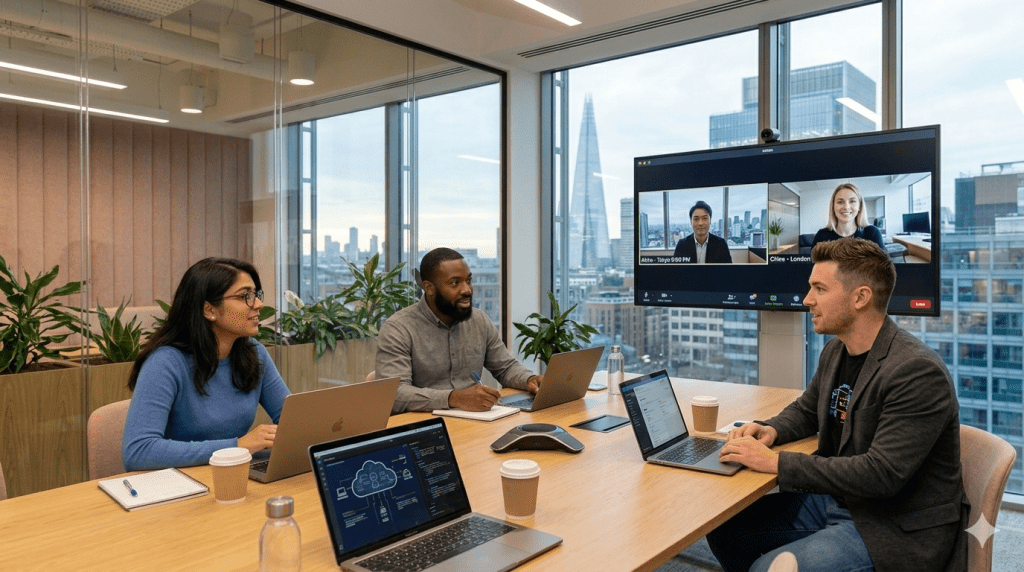 צוות גלובלי מנהל פגישת עבודה באנגלית שוטפת בשיטת ה-No Translation Fluency Method